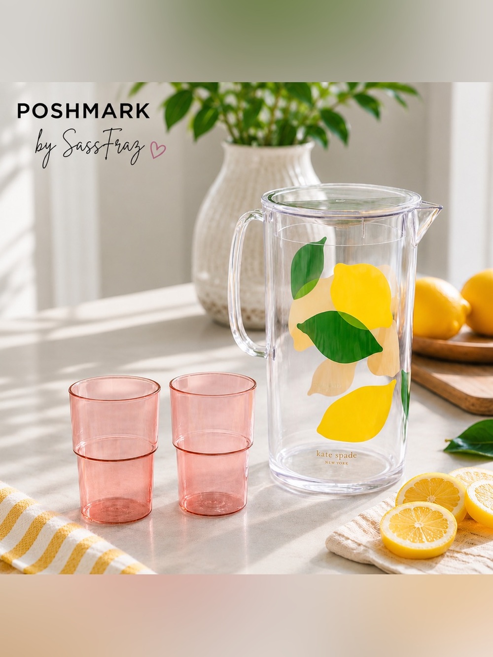 Kate Spade New York Lemon Pitcher & 2 Nesting Cups Set NIB Summer Entertaining